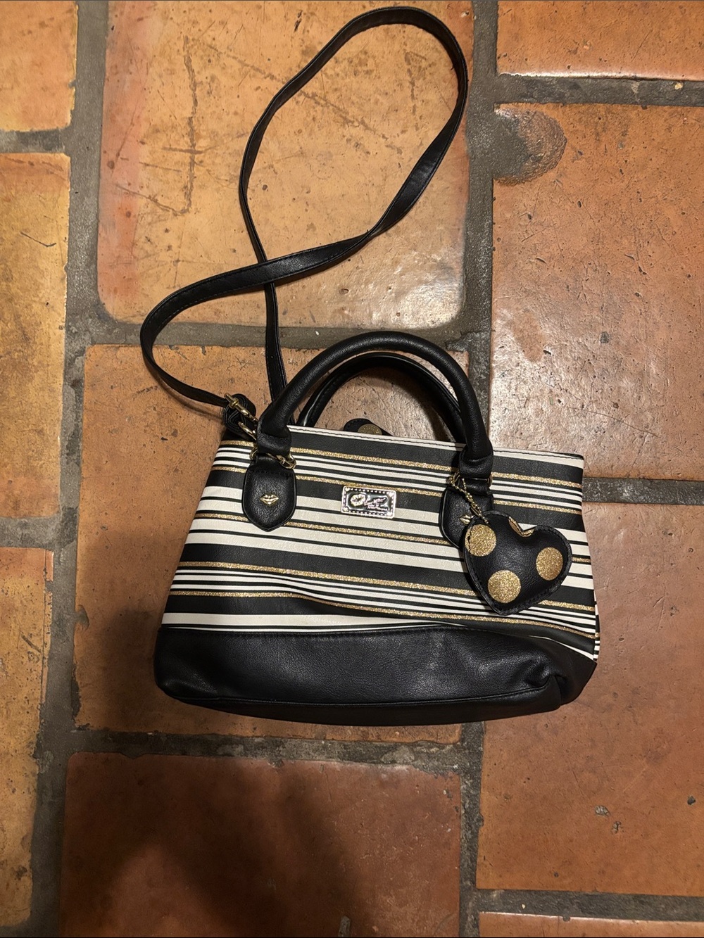 Betsey Johnson Striped Black & White Crossbody Satchel with Gold Accent